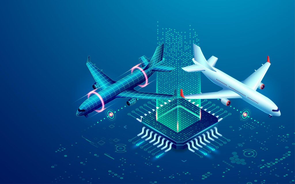 20230426161647 fpdl.in concept digital twin aviation technology graphic microchip with airplane futuristic element 46706 1170 1024x640 1 - هوش مصنوعی و تحلیل داده‌های پروازی: ارتقاء ایمنی، کارایی و تحول در صنعت هوانوردی